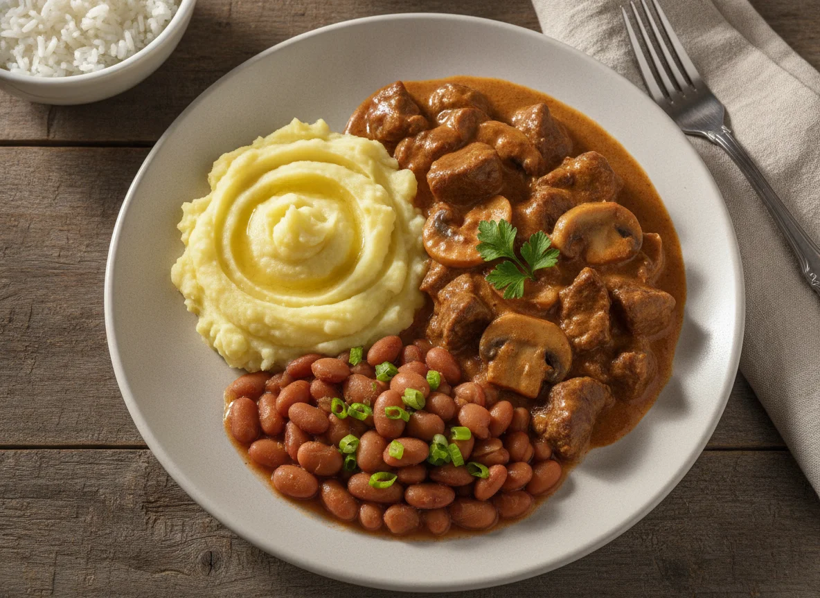 Prato com purê de batata, estrogonofe de carne e feijão carioca photo