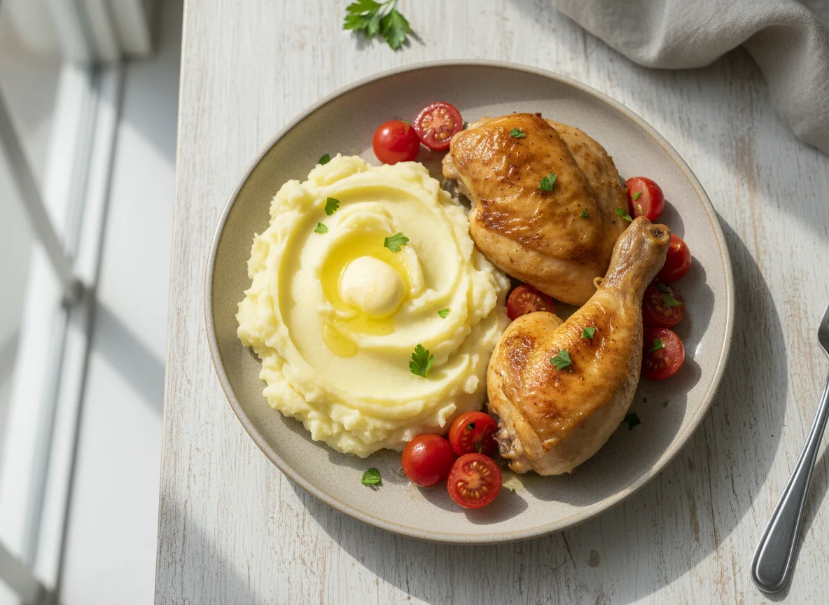 Prato com purê de batata, frango assado, tomate cereja e manteiga photo