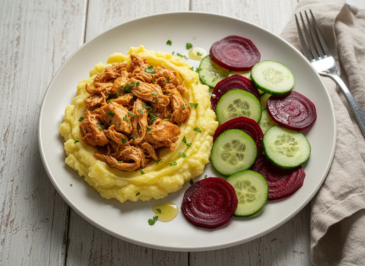 Prato com purê de batata, frango desfiado e salada photo