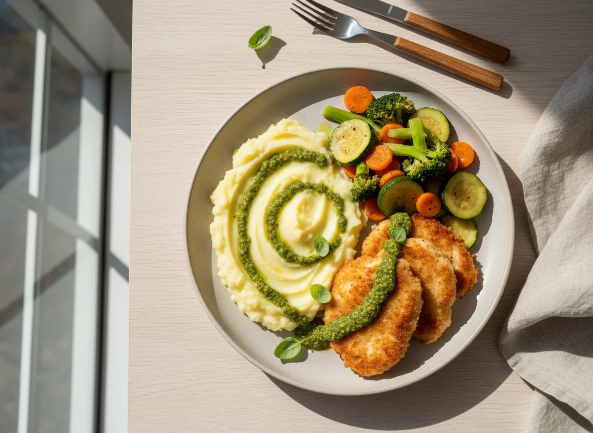 Prato com purê, frango empanado e legumes salteados photo
