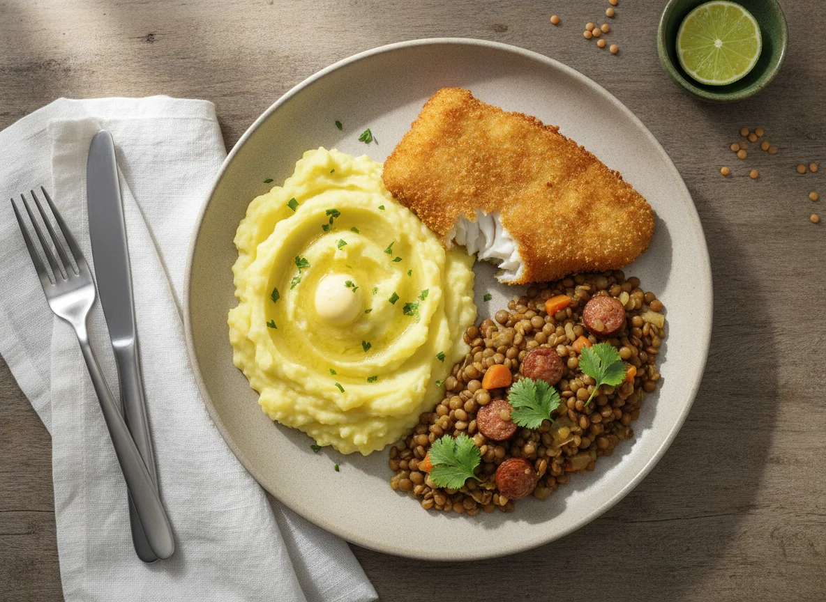 Prato com purê, lentilha e peixe empanado photo