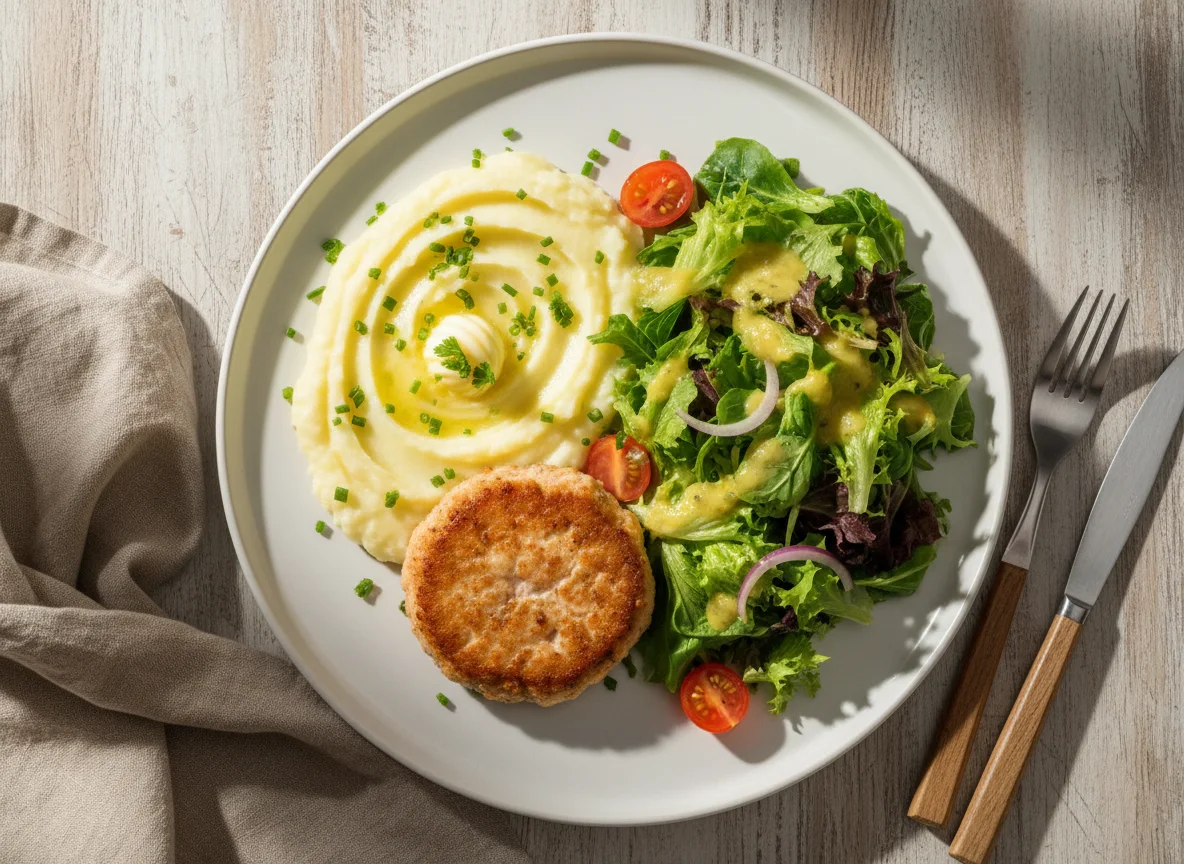 Prato com purê, salmão e salada photo