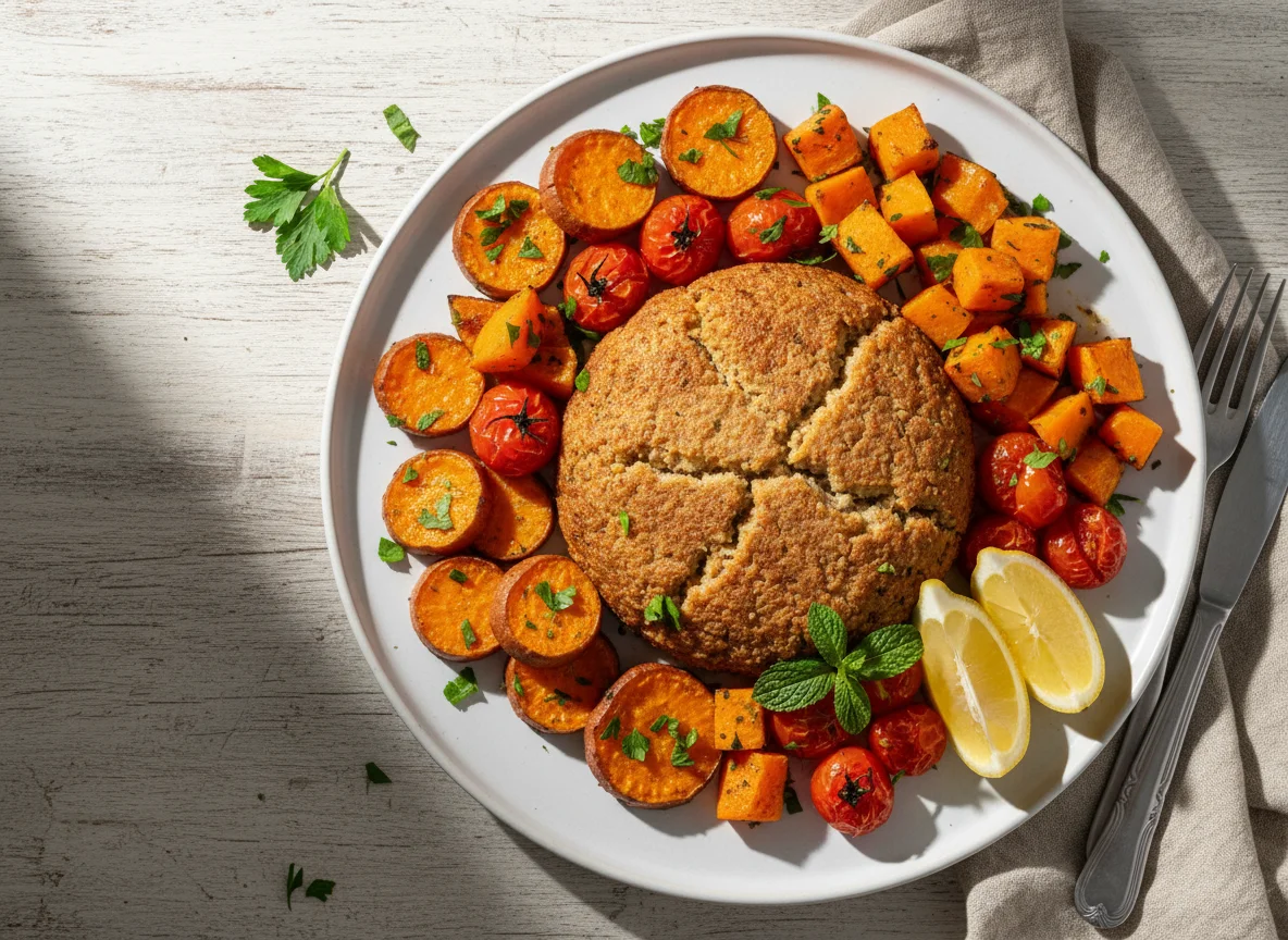 Prato com quibe assado e vegetais photo