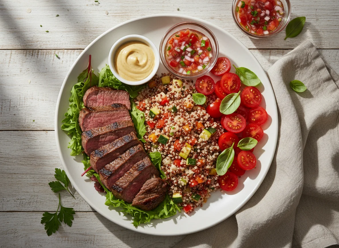 Prato com quinoa, carne e salada photo
