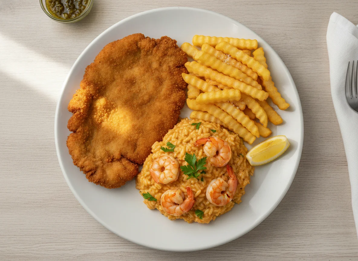 Prato com Risoto de Camarão, Batatas Fritas e Milanesa photo