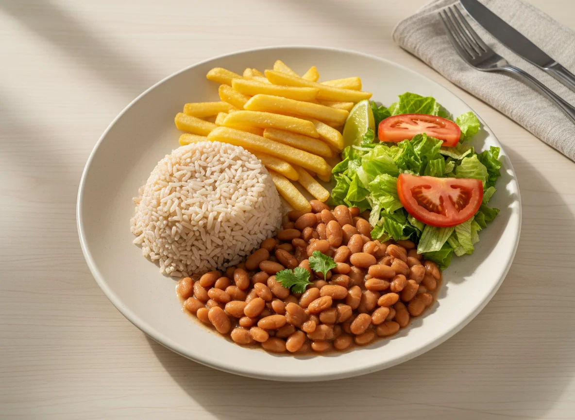 Prato com salada, batata frita, arroz e feijão photo