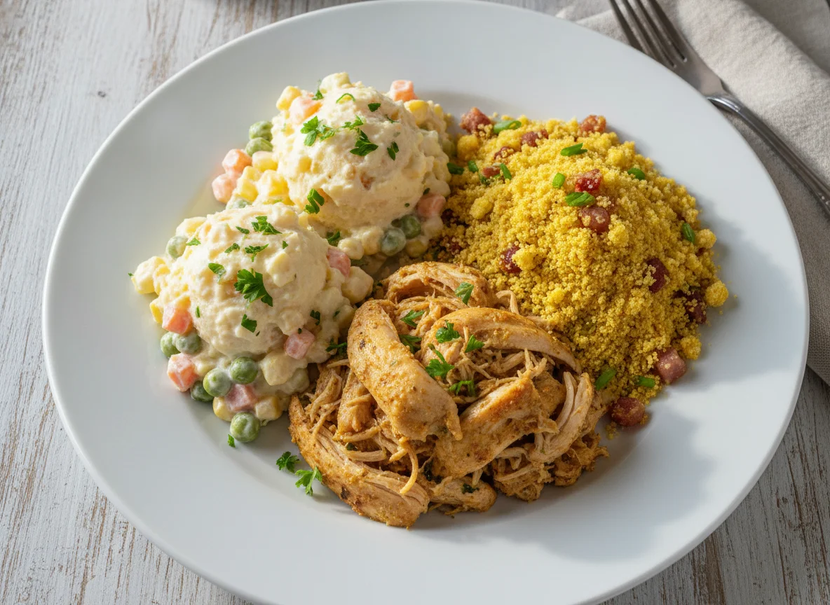Prato com salada de maionese, frango desfiado e farofa photo