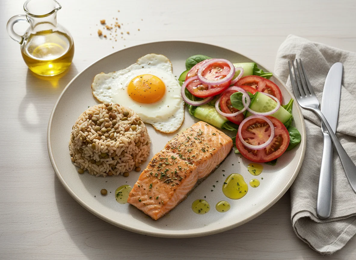 Prato com salmão, arroz, ovo e salada photo