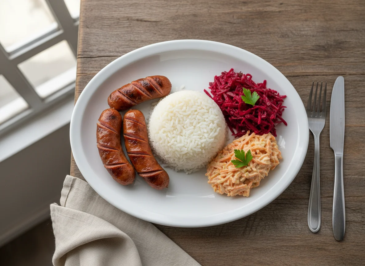 Prato com salsicha, arroz e saladas photo