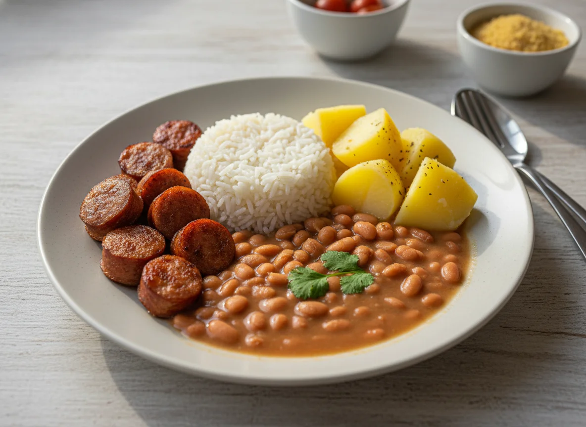 Prato com salsicha, arroz, feijão e batata photo