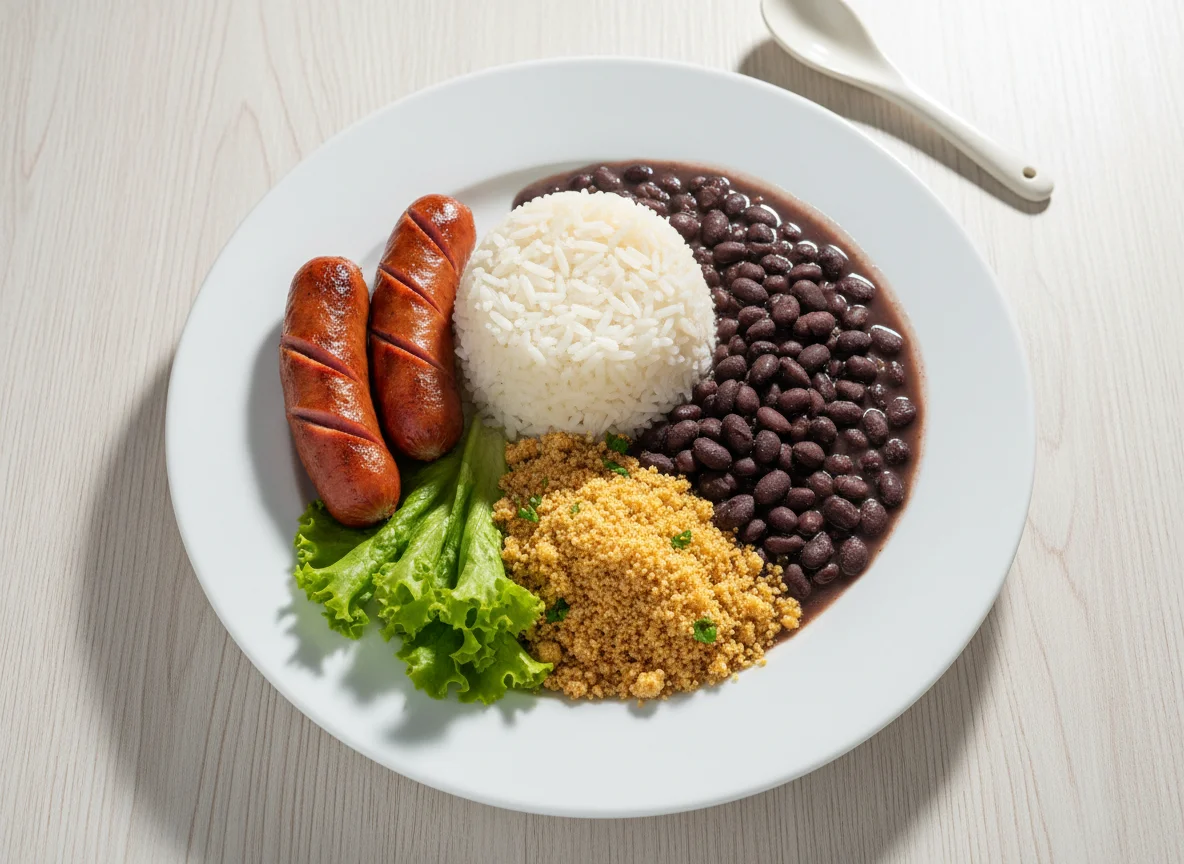 Prato com salsicha, arroz, feijão, farofa e alface photo