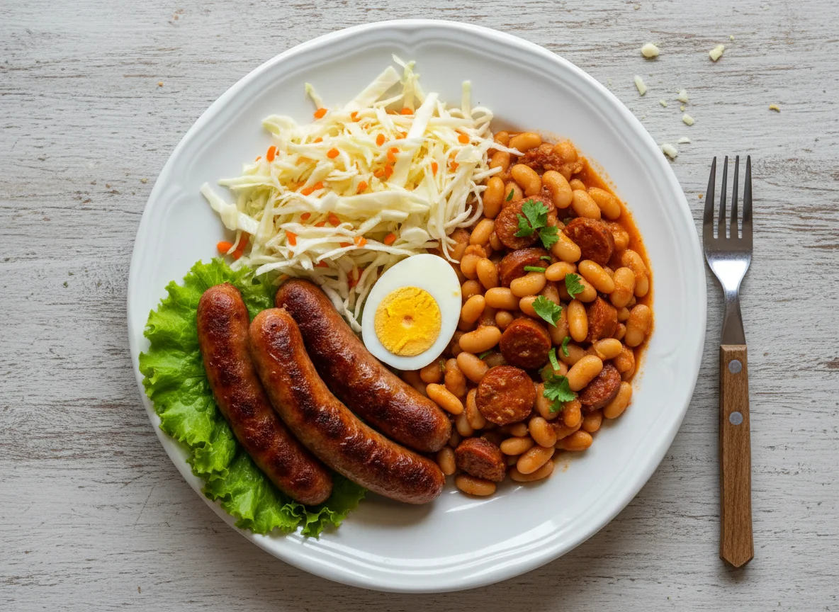 Prato com Salsicha, Salada e Feijão photo