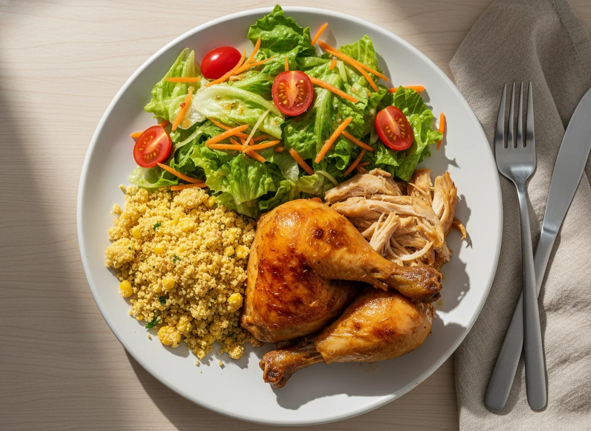 Prato com sobras de frango e salada photo