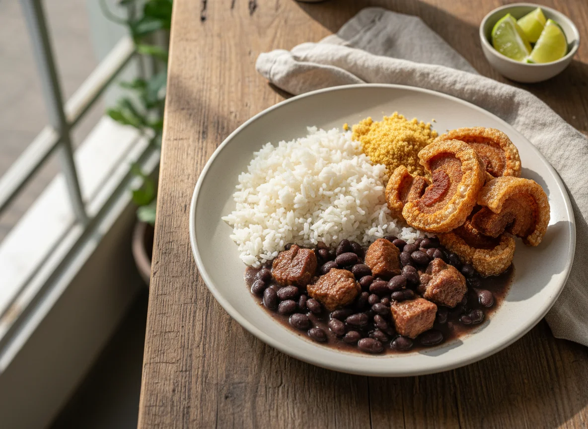 Prato com torresmo, feijão, arroz e farofa photo