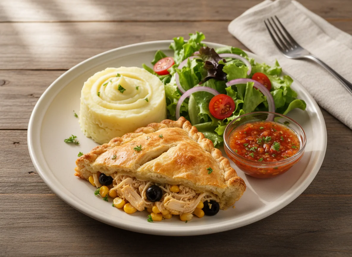 Prato com torta salgada, puré e salada photo