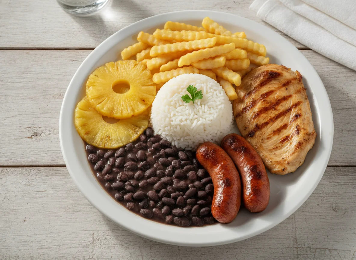 Prato Combinado com Grelhados, Arroz, Feijão e Batatas Fritas photo