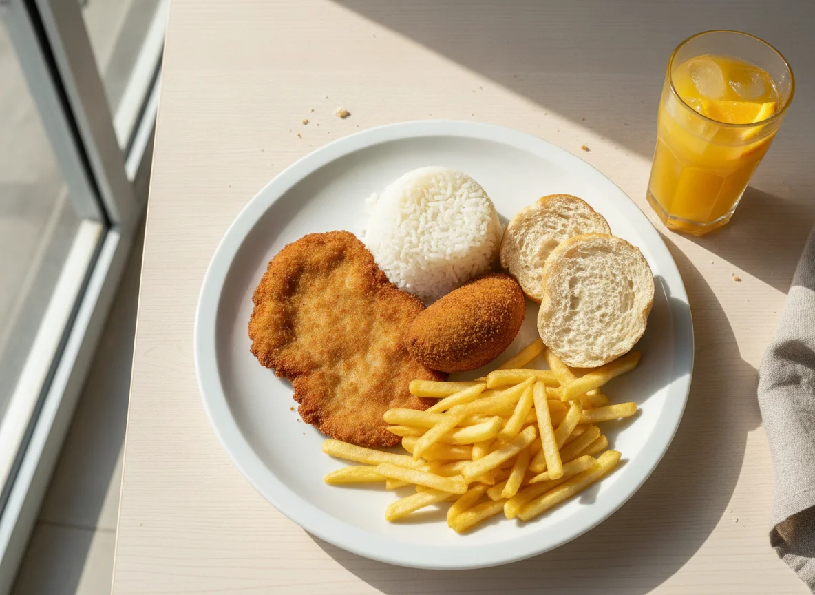 Prato combinado com panado, rissol, arroz, batatas fritas e pão photo