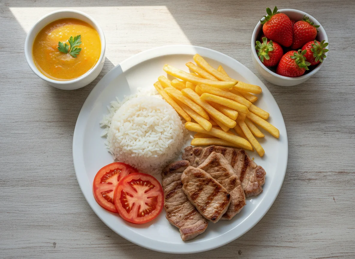 Prato combinado de carne de porco com arroz, batata frita, sopa e morangos photo