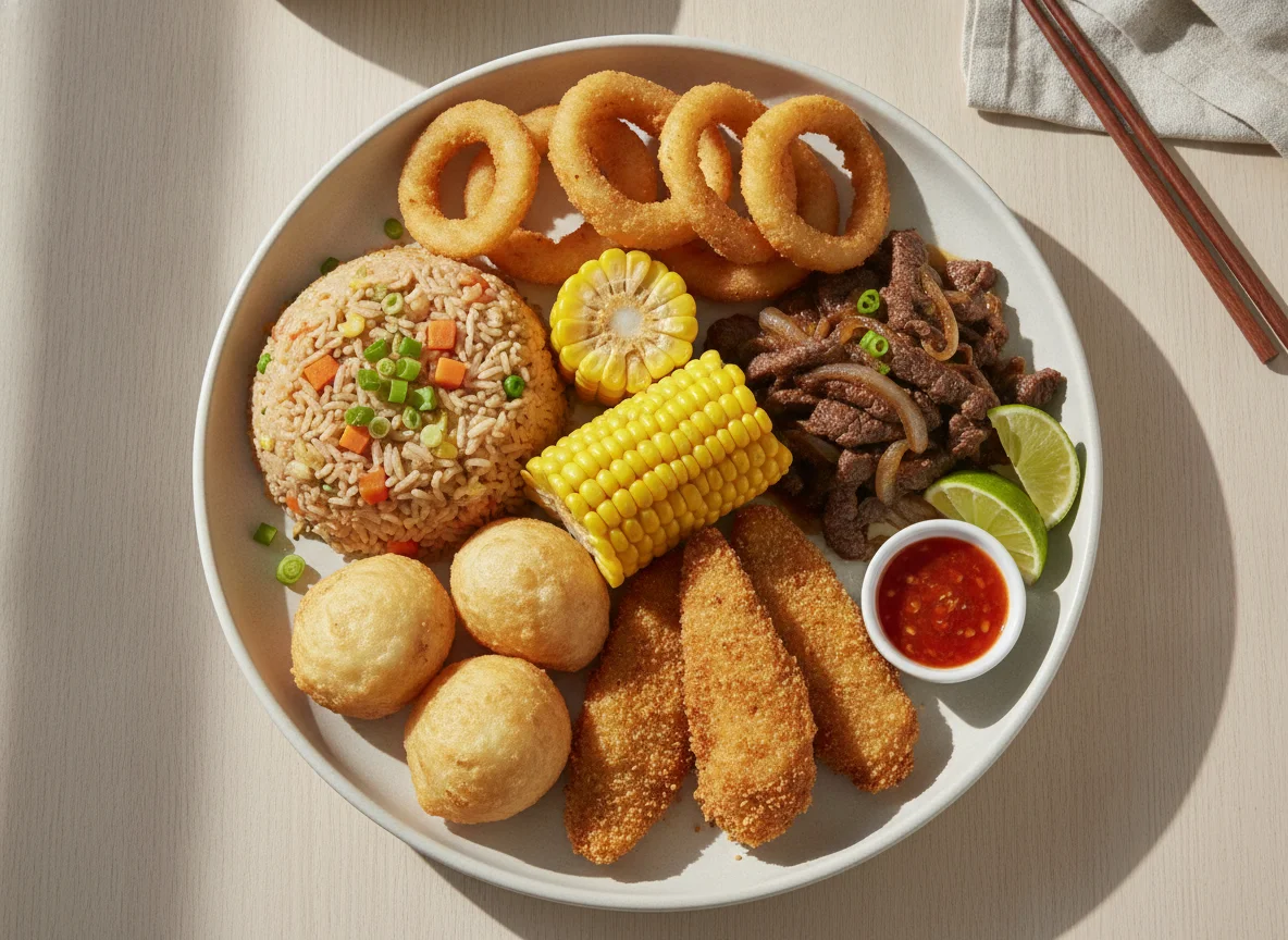 Prato Combinado de Comida Asiática e Fritos photo