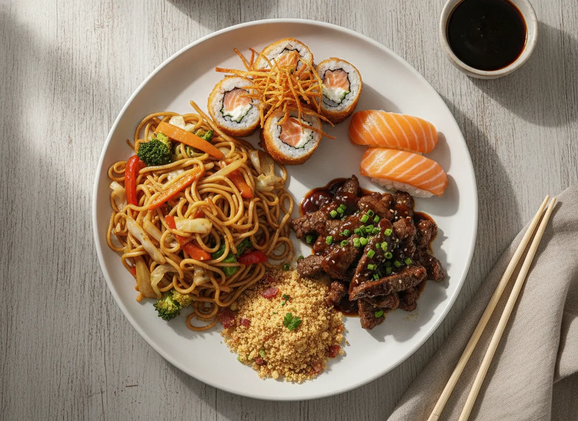 Prato Combinado de Yakisoba, Sushi e Carne photo