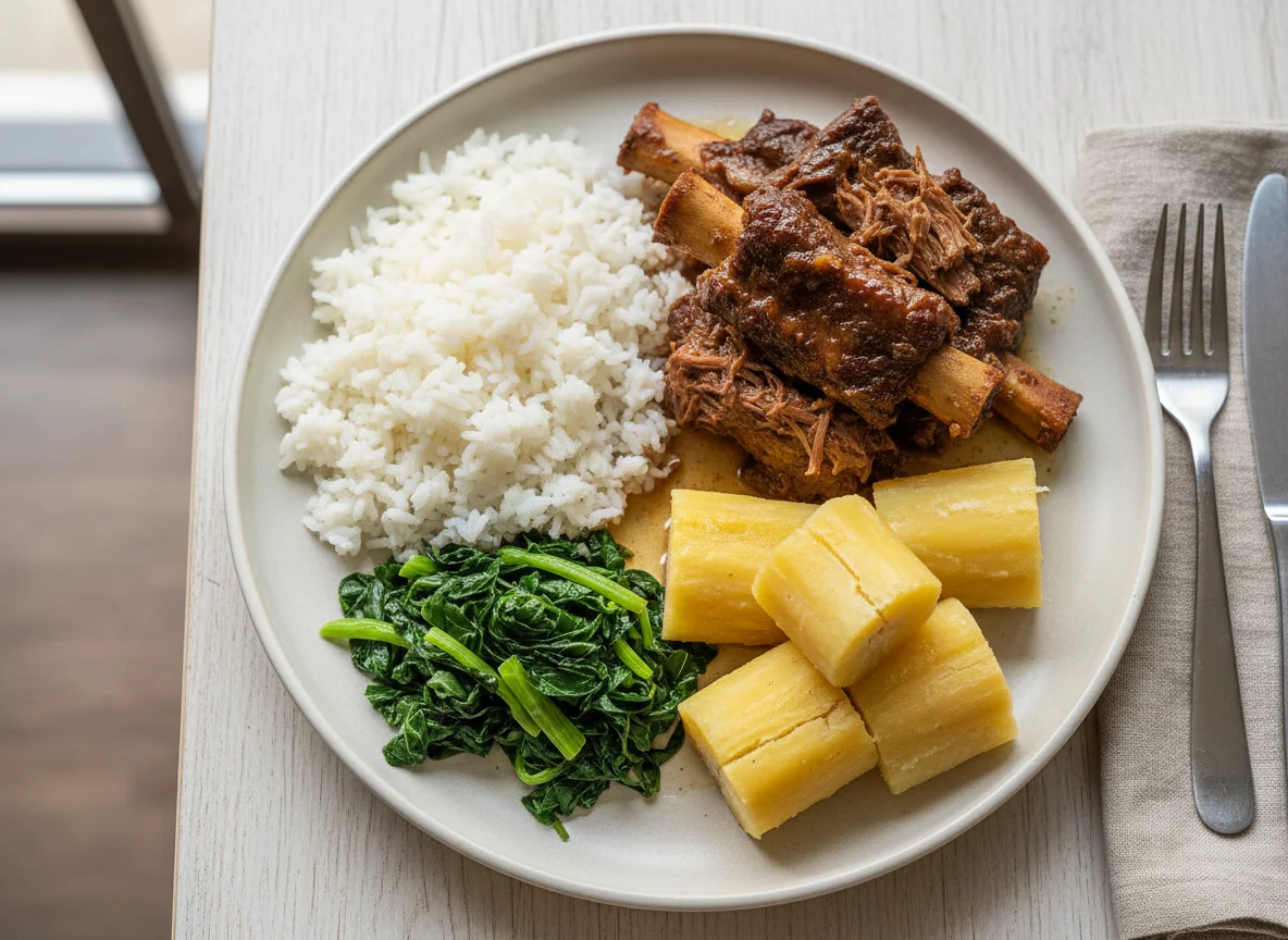 Prato completo com arroz, carne, couve e mandioca photo