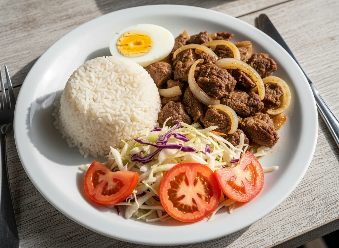 Prato completo com arroz, carne, ovo e salada photo