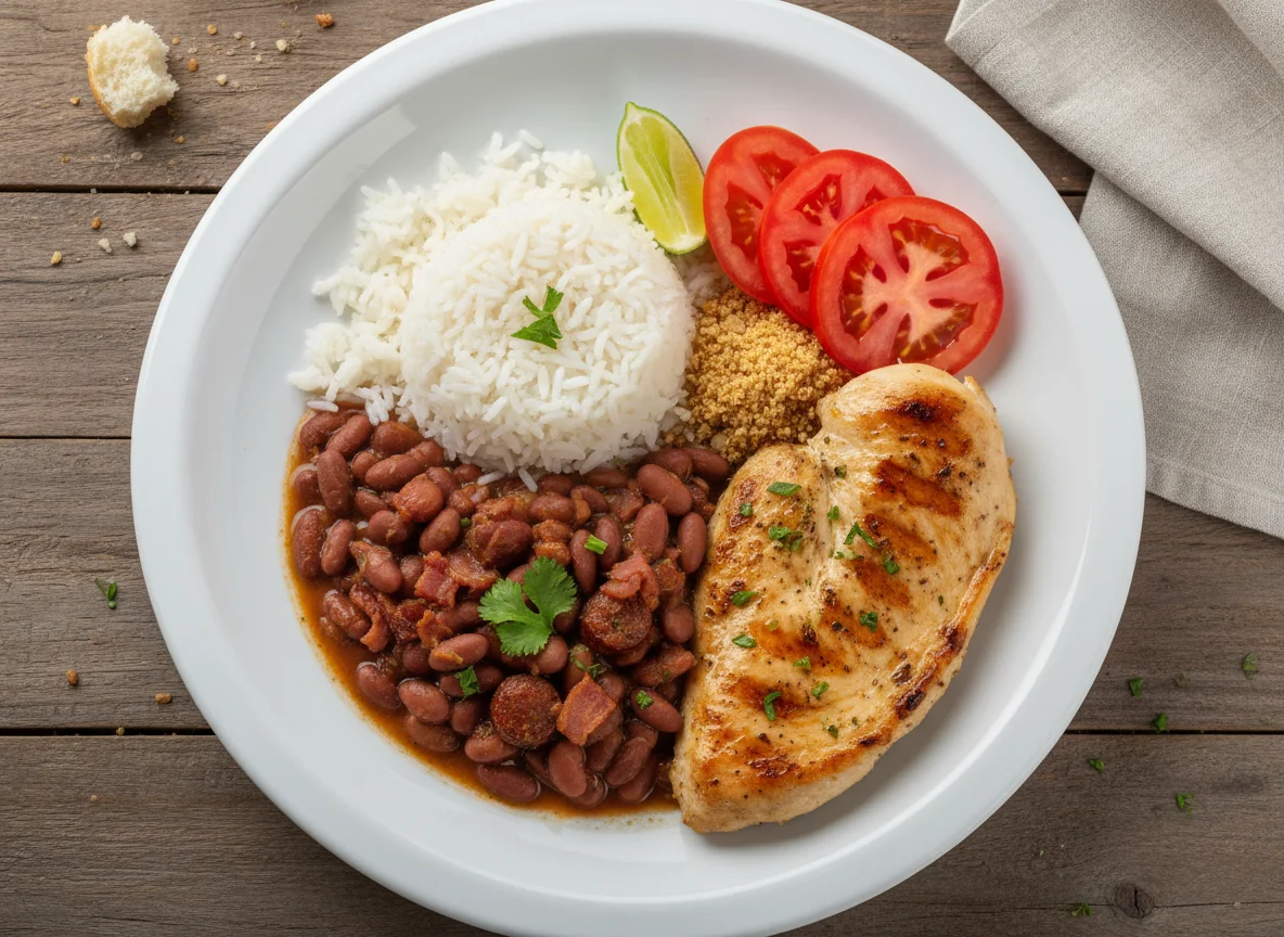 Prato completo com arroz, feijão, frango e tomate photo