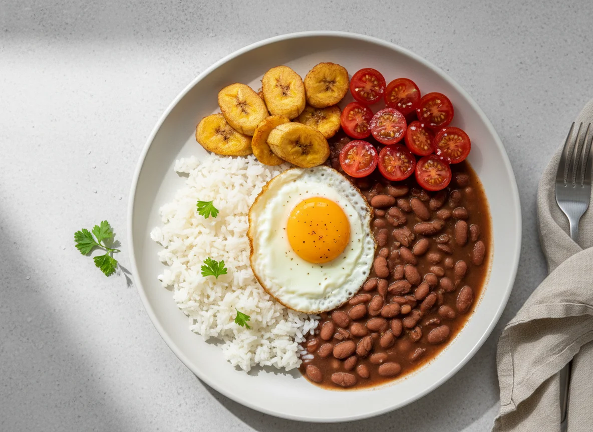 Prato completo com arroz, feijão, ovo frito, tomate e banana photo