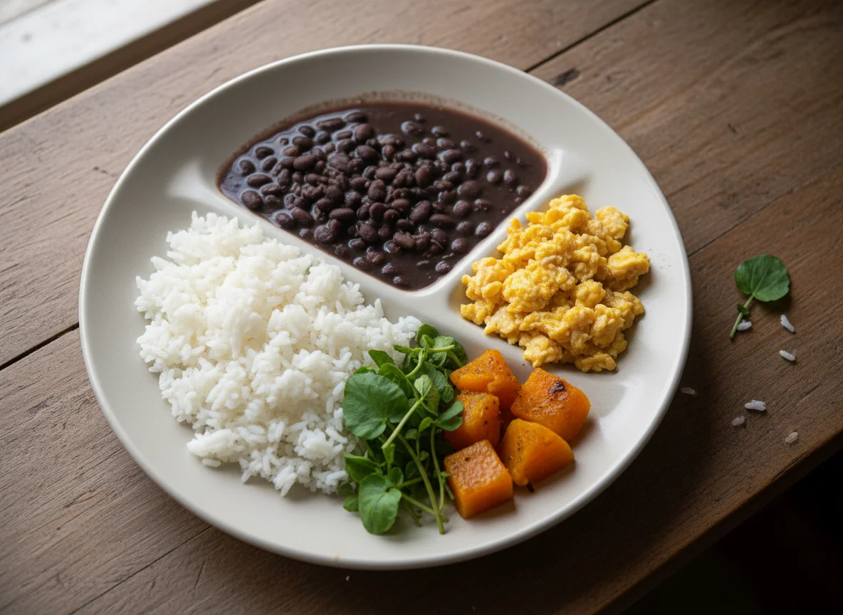 Prato completo com arroz, feijão, ovos, abóbora e agrião photo