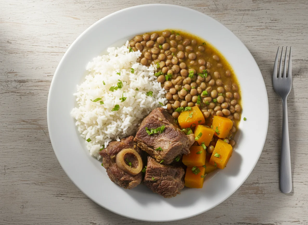 Prato completo com arroz, feijão-guandu, abóbora e carne photo