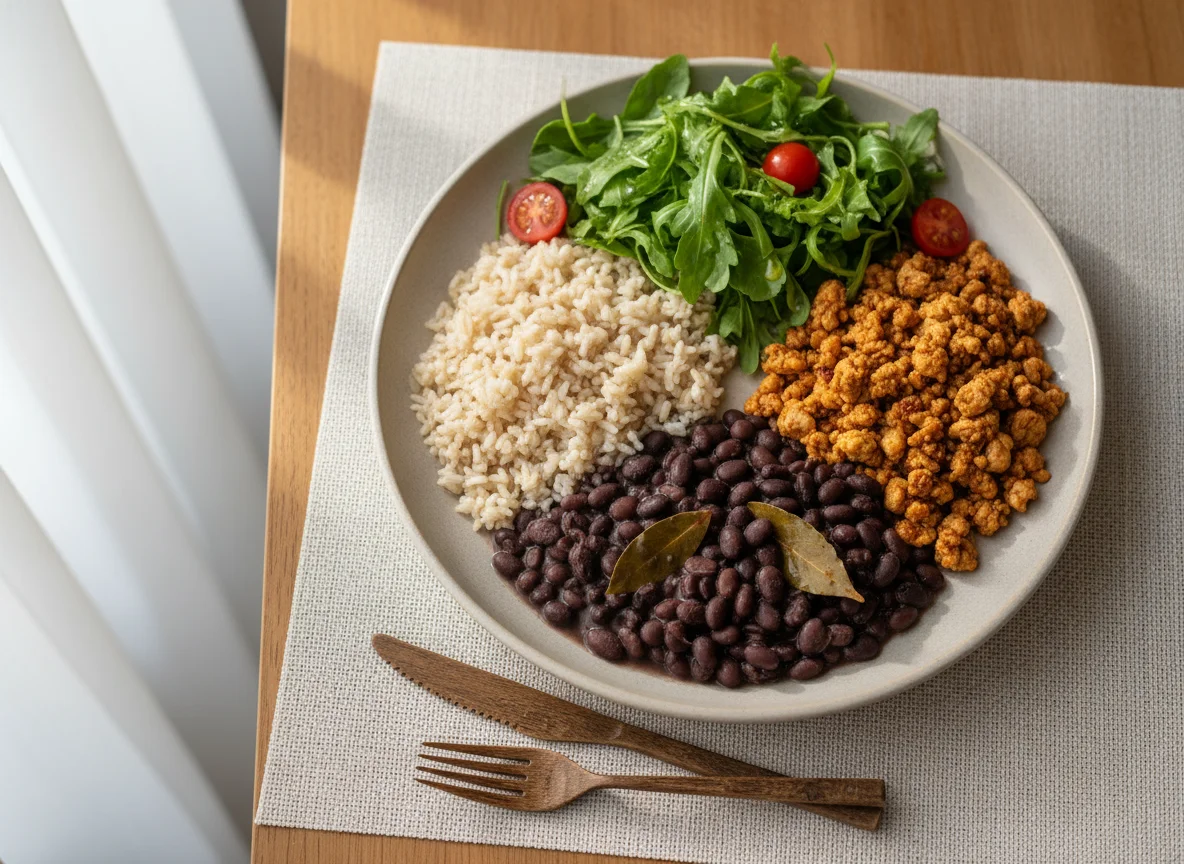 Prato completo com arroz integral, feijão, carne moída e rúcula photo