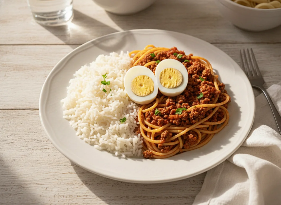 Prato completo com arroz, macarrão e ovos photo