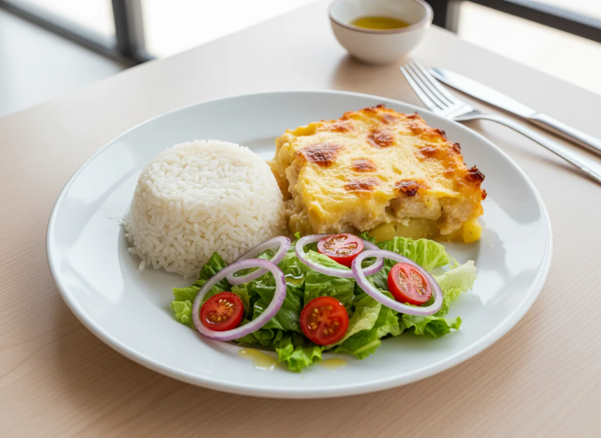 Prato completo com arroz, salada e gratinado de frango com batata photo