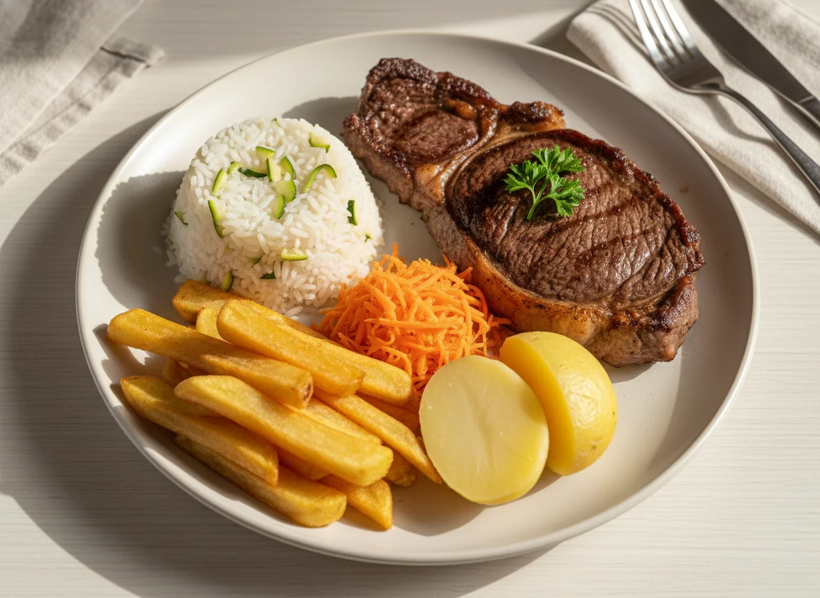 Prato completo com bife, arroz, batata frita e legumes photo