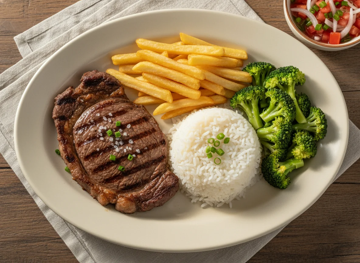Prato completo com bife, batata frita, arroz e salada photo