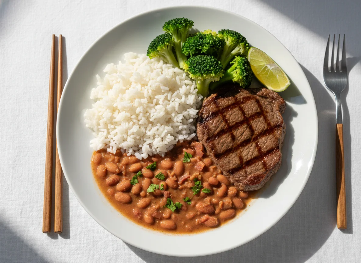 Prato completo com bife, brócolis, arroz e feijão photo