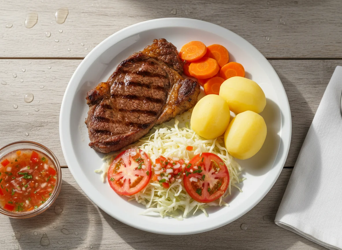 Prato completo com bife e salada photo