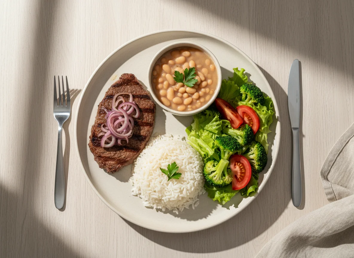 Prato completo com bife, feijão, arroz e salada photo