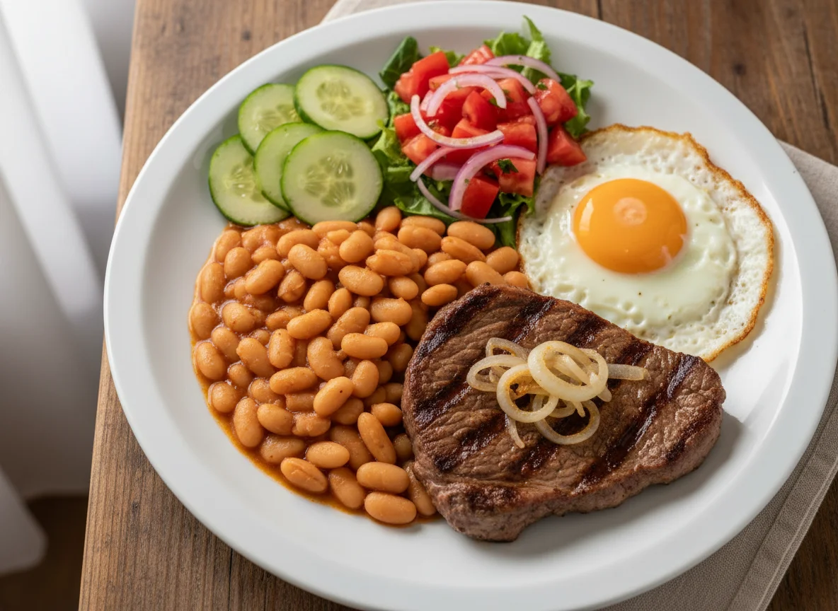 Prato completo com bife, feijão, ovo e salada photo