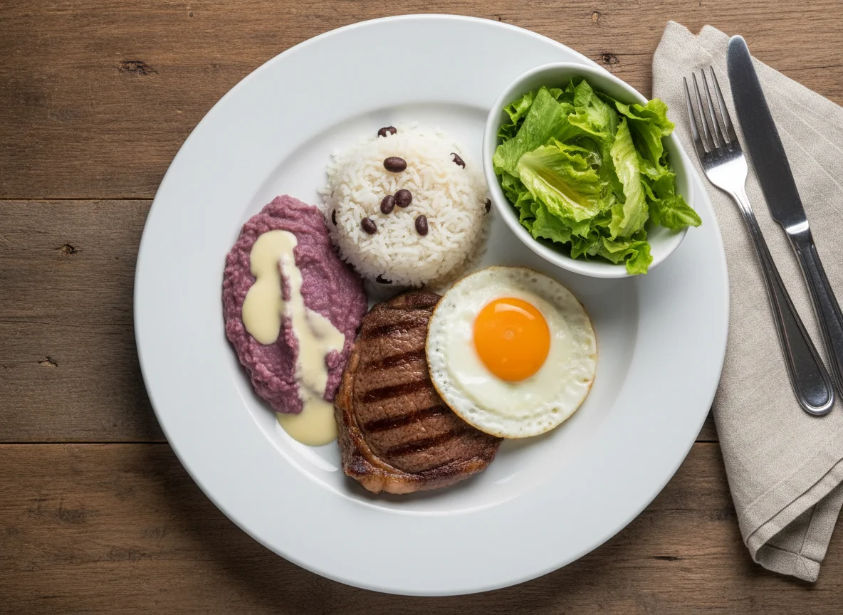 Prato completo com bife, ovo, puré de batata doce roxa, arroz e salada photo