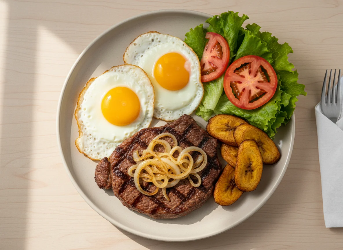 Prato completo com bife, ovos e salada photo