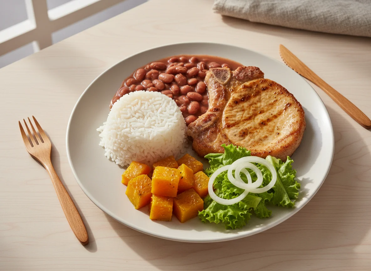 Prato completo com bisteca, arroz, feijão, abóbora e salada photo