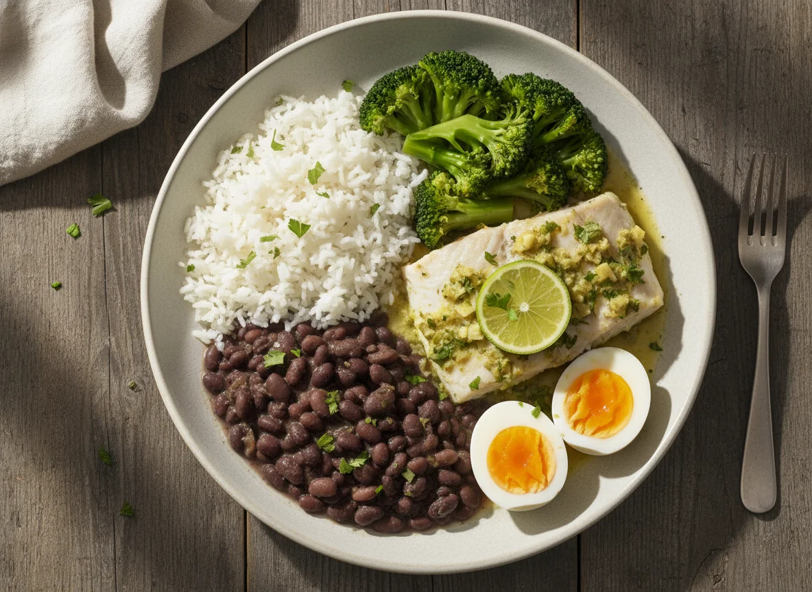 Prato completo com brócolis, peixe, arroz, feijão e ovos photo