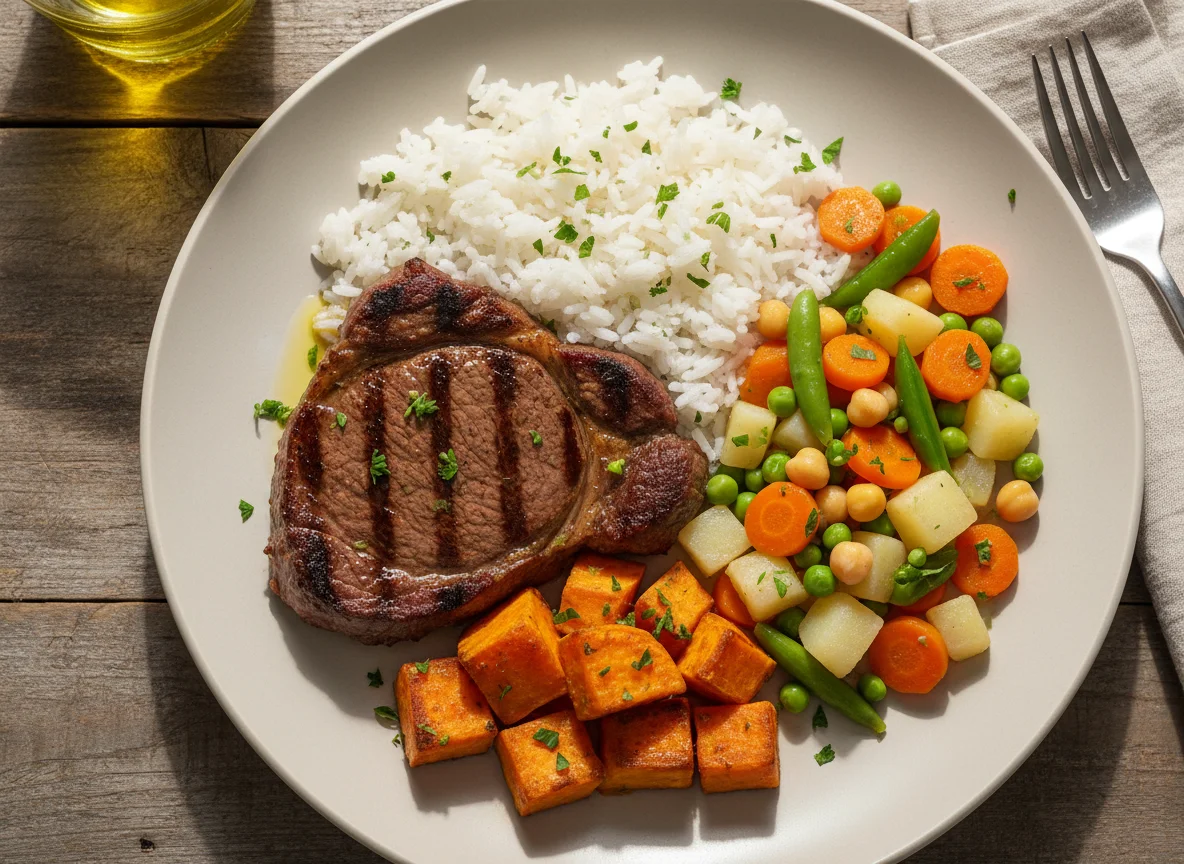 Prato completo com carne, arroz, batata doce e legumes photo