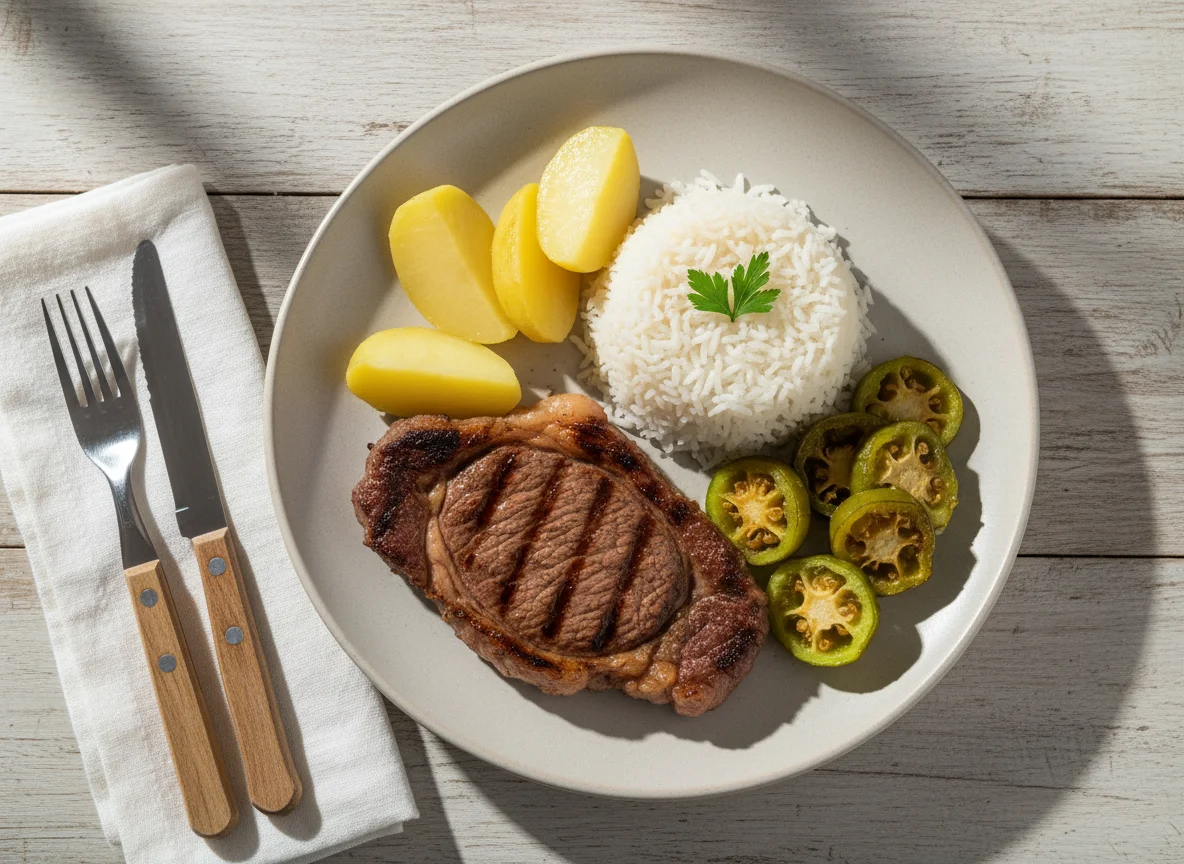Prato completo com carne, arroz, batata e jiló photo