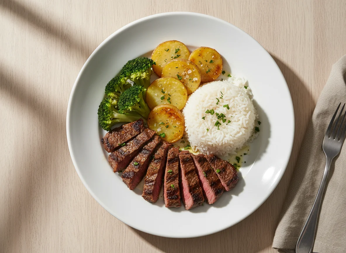 Prato completo com carne, arroz, batatas e brócolis photo