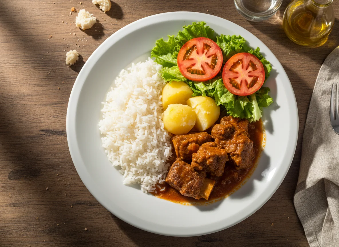 Prato completo com carne, arroz, batatas e salada photo