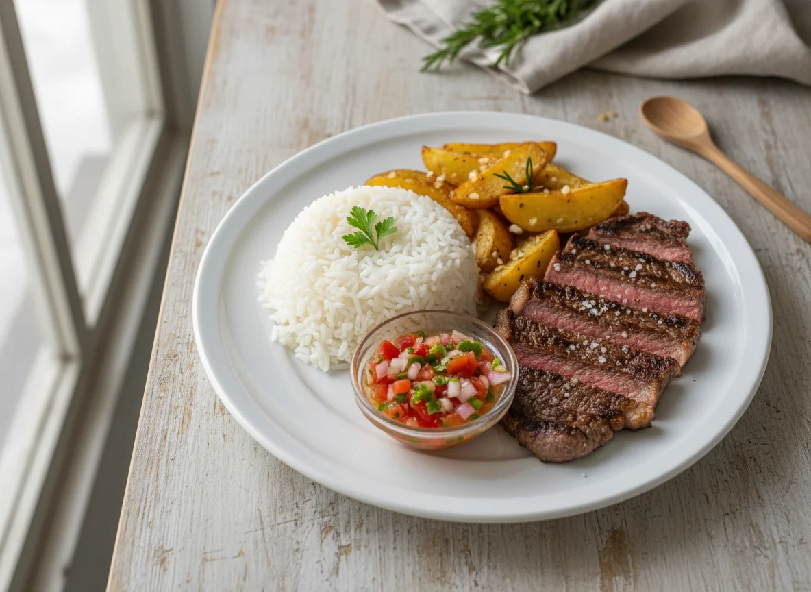 Prato completo com carne, arroz e acompanhamentos photo