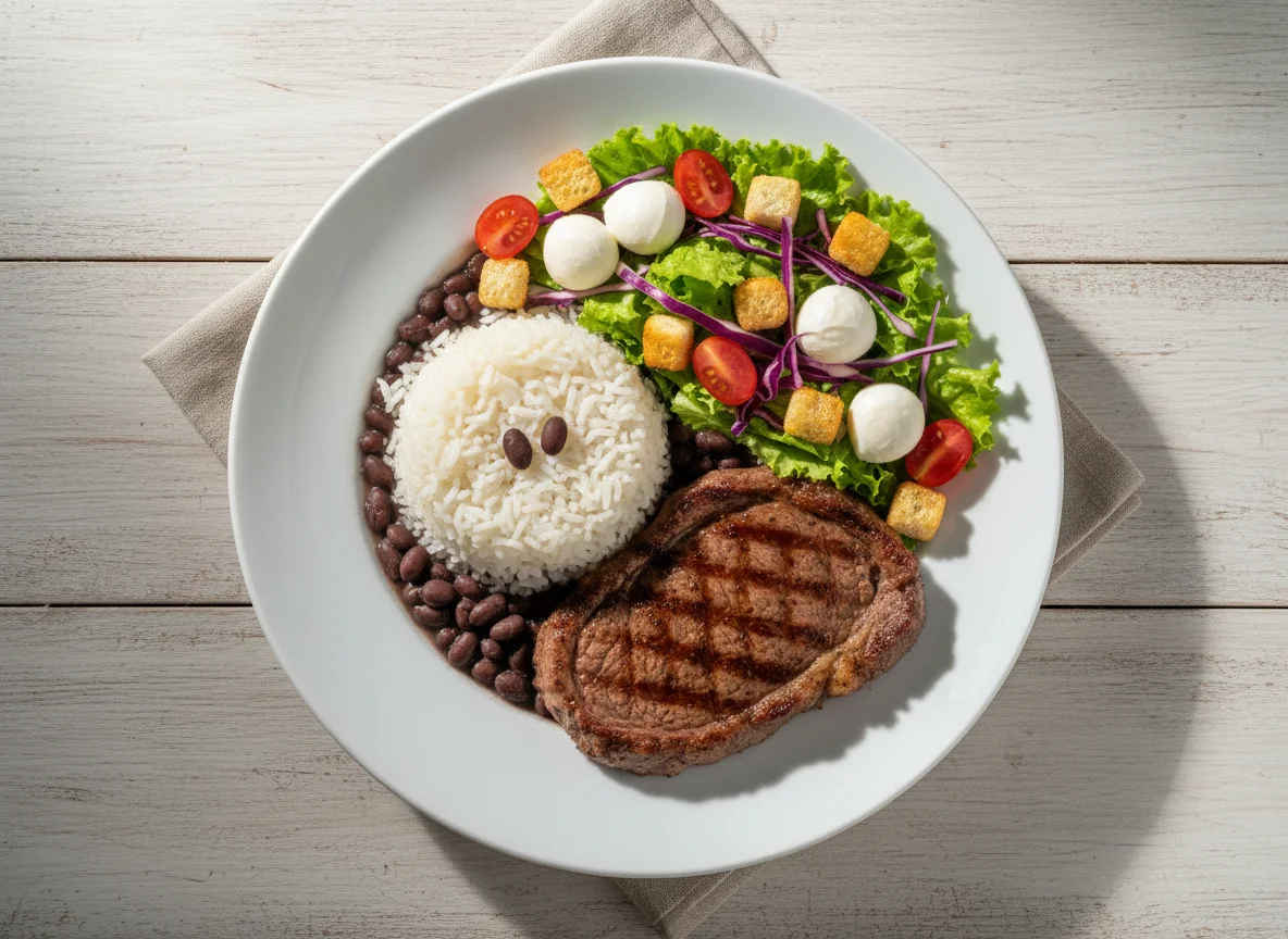 Prato completo com carne, arroz e feijão e salada photo
