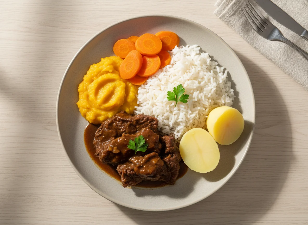 Prato completo com carne, arroz e legumes photo